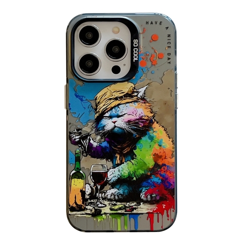 

For iPhone 14 Pro Animal Pattern Oil Painting Series PC + TPU Phone Case(Drinking Cat)