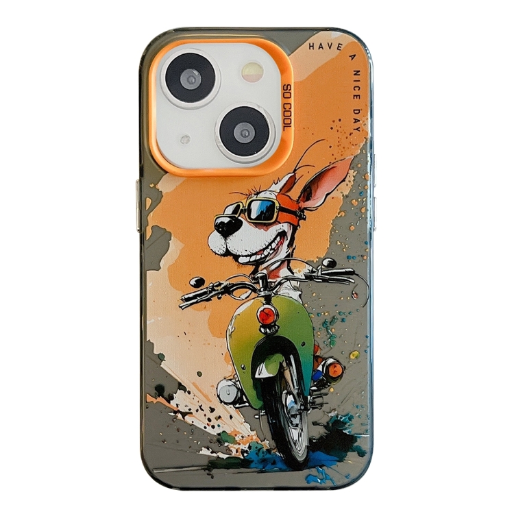 

For iPhone 15 Animal Pattern Oil Painting Series PC + TPU Phone Case(Bicycle Dog)