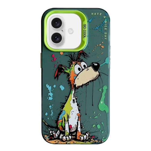 

For iPhone 16 Animal Pattern Oil Painting Series PC + TPU Phone Case(Green Dog)