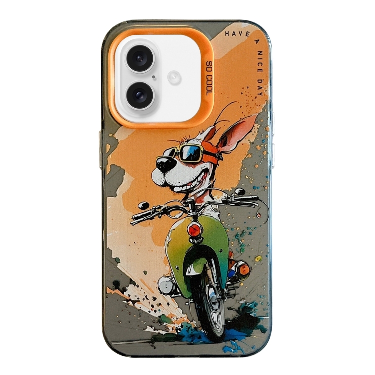 

For iPhone 16 Animal Pattern Oil Painting Series PC + TPU Phone Case(Bicycle Dog)