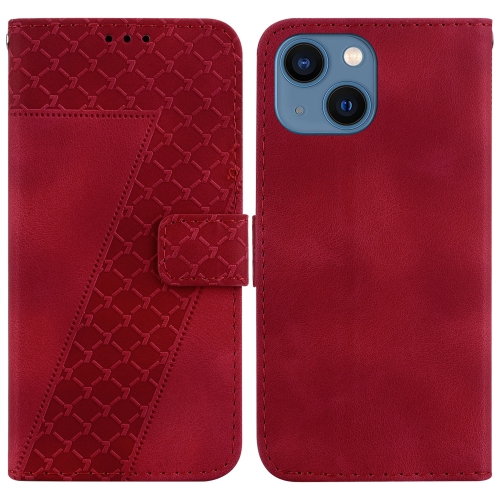 

For iPhone 15 7-shaped Embossed Leather Phone Case(Red)