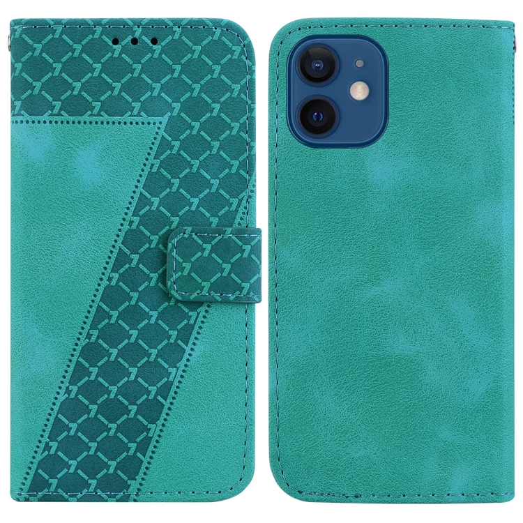 

For iPhone 12 mini 7-shaped Embossed Leather Phone Case(Green)