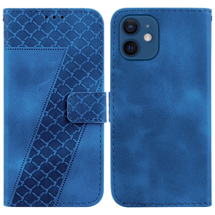 

For iPhone 12 mini 7-shaped Embossed Leather Phone Case(Blue)