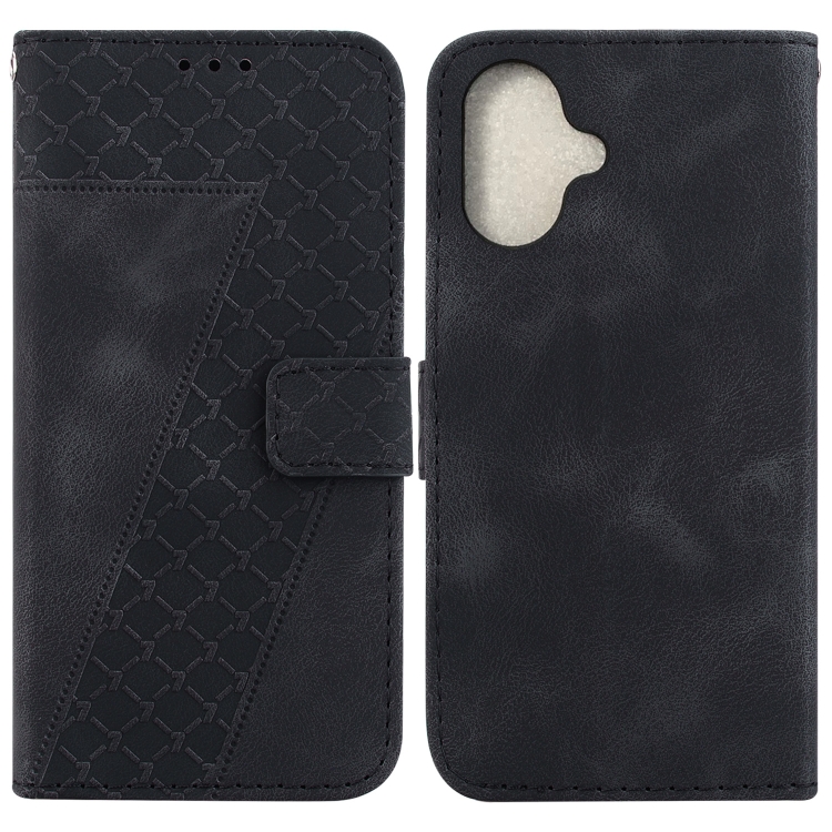 

For iPhone 16 Plus Seven-shaped Embossed Leather Phone Case(Black)