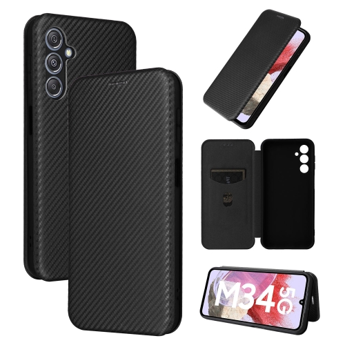 For Samsung Galaxy M34 5G Carbon Fiber Texture Flip Leather Phone Case(Black) durable leather watch roll case flexible cushion slot mounting boxes ornament