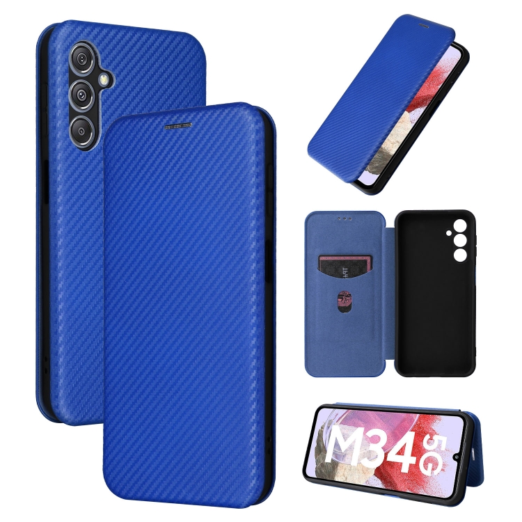 

For Samsung Galaxy M34 5G Carbon Fiber Texture Flip Leather Phone Case(Blue)