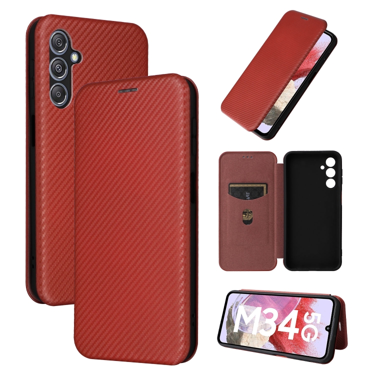 

For Samsung Galaxy M34 5G Carbon Fiber Texture Flip Leather Phone Case(Brown)