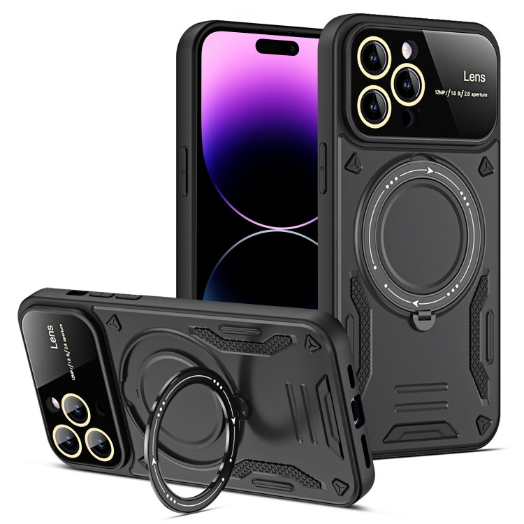 

For iPhone 14 Pro Max Large Window MagSafe Holder Phone Case(Black)
