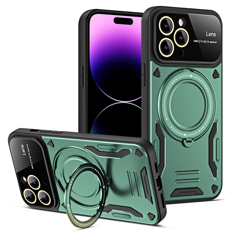 

For iPhone 14 Pro Max Large Window MagSafe Holder Phone Case(Green)