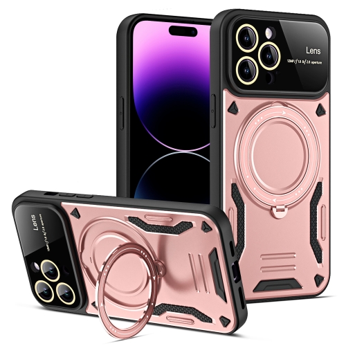 For iPhone 14 Pro Max Large Window MagSafe Holder Phone Case(Rose Gold)