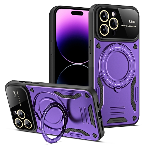 For iPhone 14 Pro Large Window MagSafe Holder Phone Case(Purple)