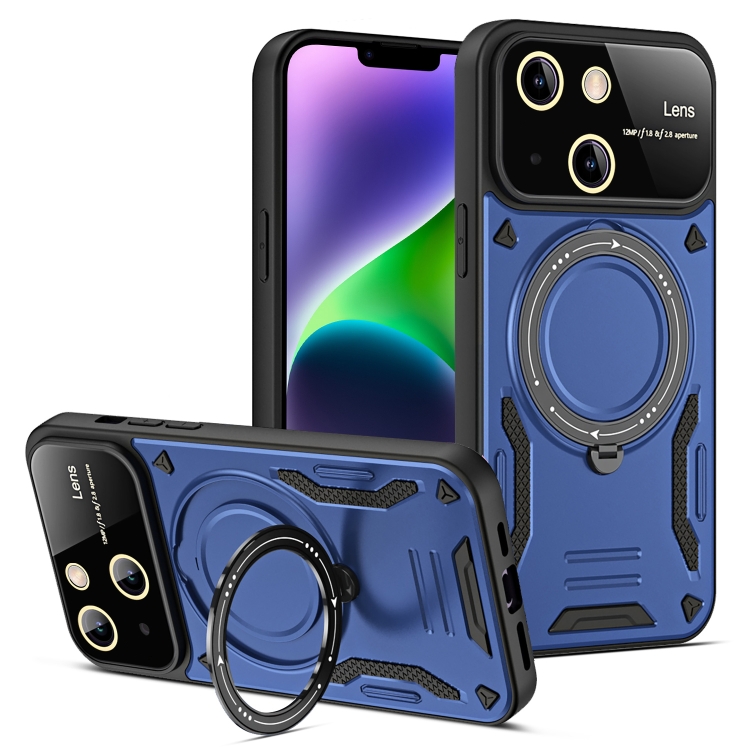 

For iPhone 14 Plus Large Window MagSafe Holder Phone Case(Blue)