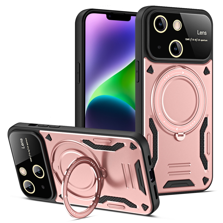 

For iPhone 14 Plus Large Window MagSafe Holder Phone Case(Rose Gold)