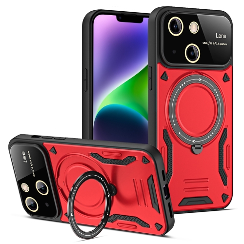 

For iPhone 14 Large Window MagSafe Holder Phone Case(Red)