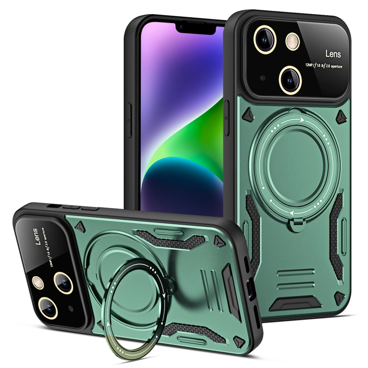 

For iPhone 14 Large Window MagSafe Holder Phone Case(Green)