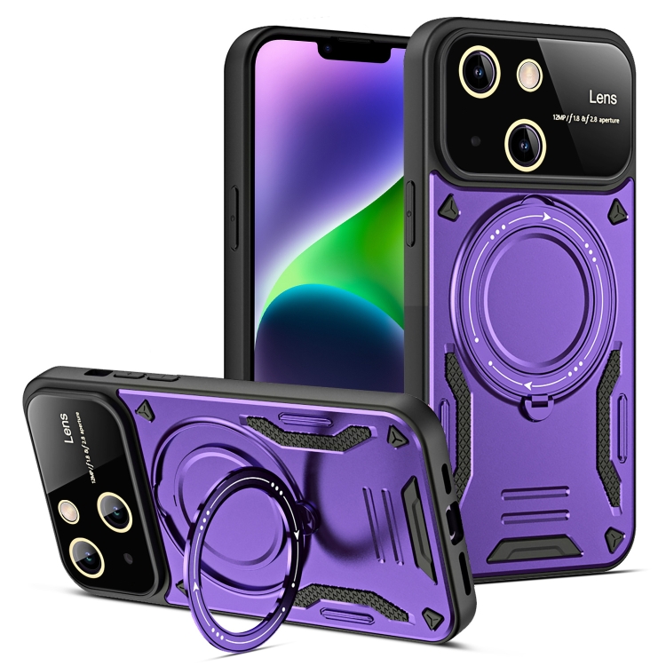 

For iPhone 14 Large Window MagSafe Holder Phone Case(Purple)