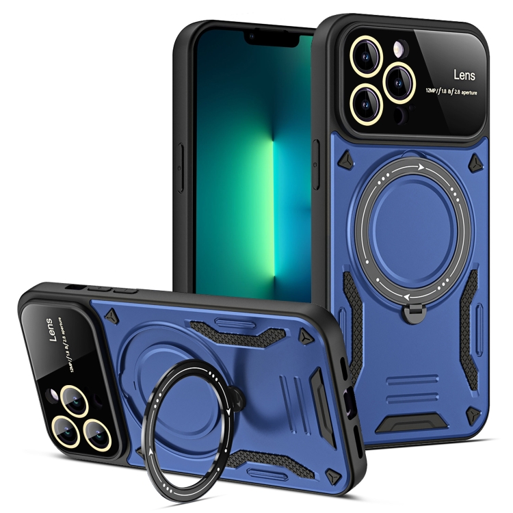 

For iPhone 13 Pro Max Large Window MagSafe Holder Phone Case(Blue)
