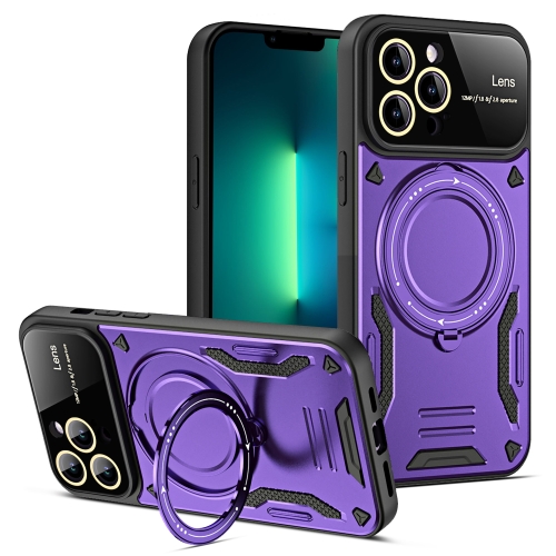 For iPhone 13 Pro Max Large Window MagSafe Holder Phone Case(Purple)
