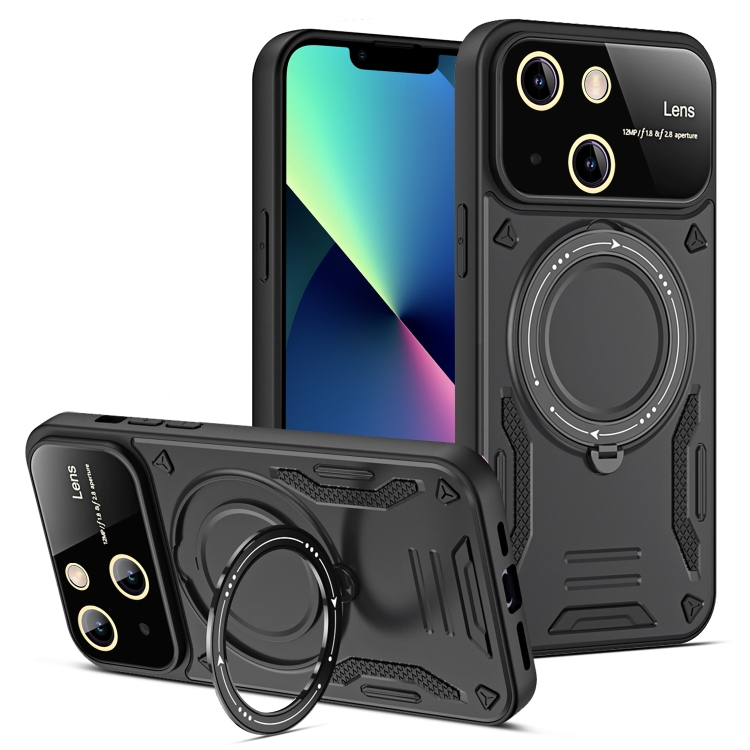 

For iPhone 13 Large Window MagSafe Holder Phone Case(Black)