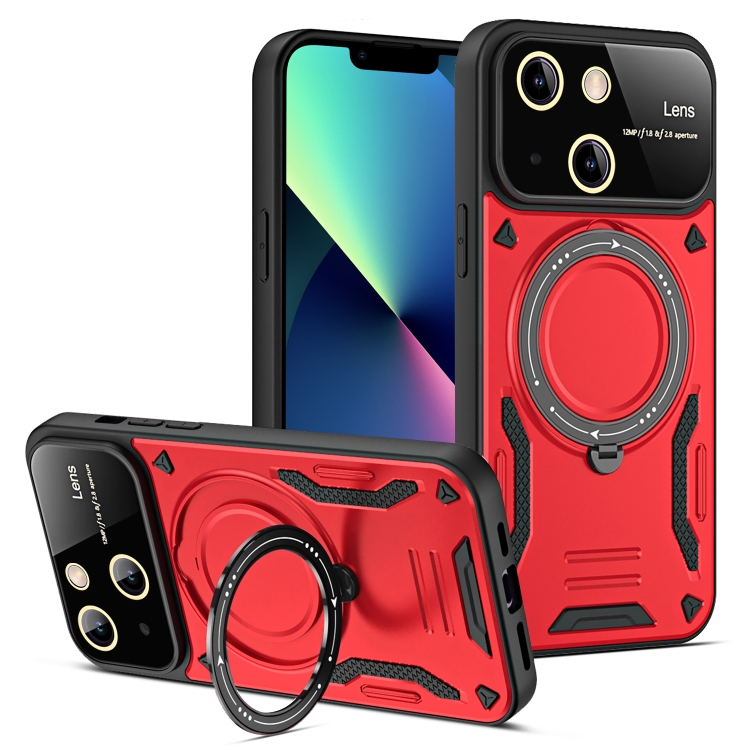 

For iPhone 13 Large Window MagSafe Holder Phone Case(Red)