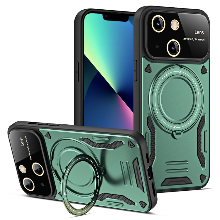 

For iPhone 13 Large Window MagSafe Holder Phone Case(Green)