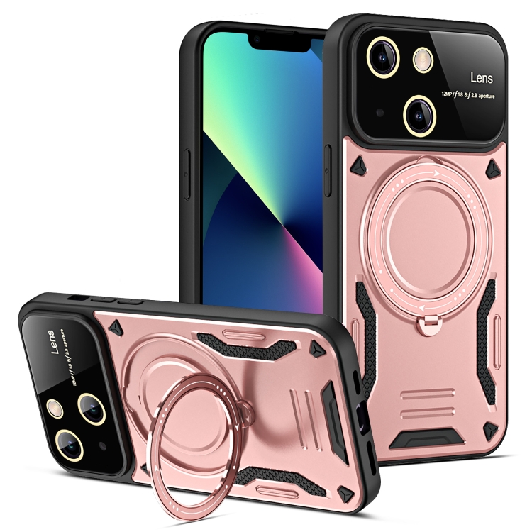 

For iPhone 13 Large Window MagSafe Holder Phone Case(Rose Gold)