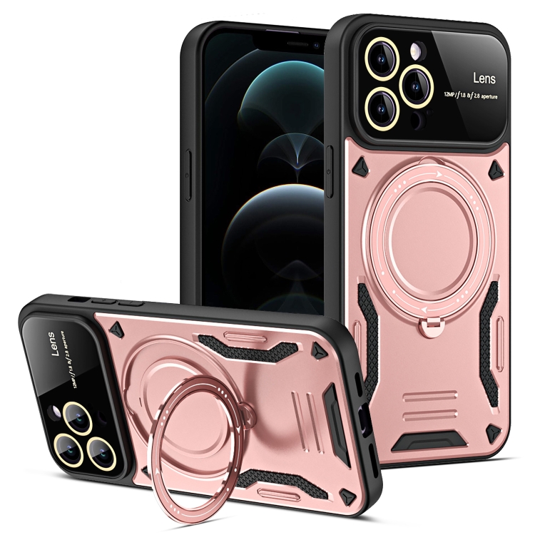 

For iPhone 12 Pro Max Large Window MagSafe Holder Phone Case(Rose Gold)