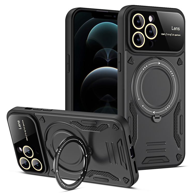 

For iPhone 12 Pro Large Window MagSafe Holder Phone Case(Black)
