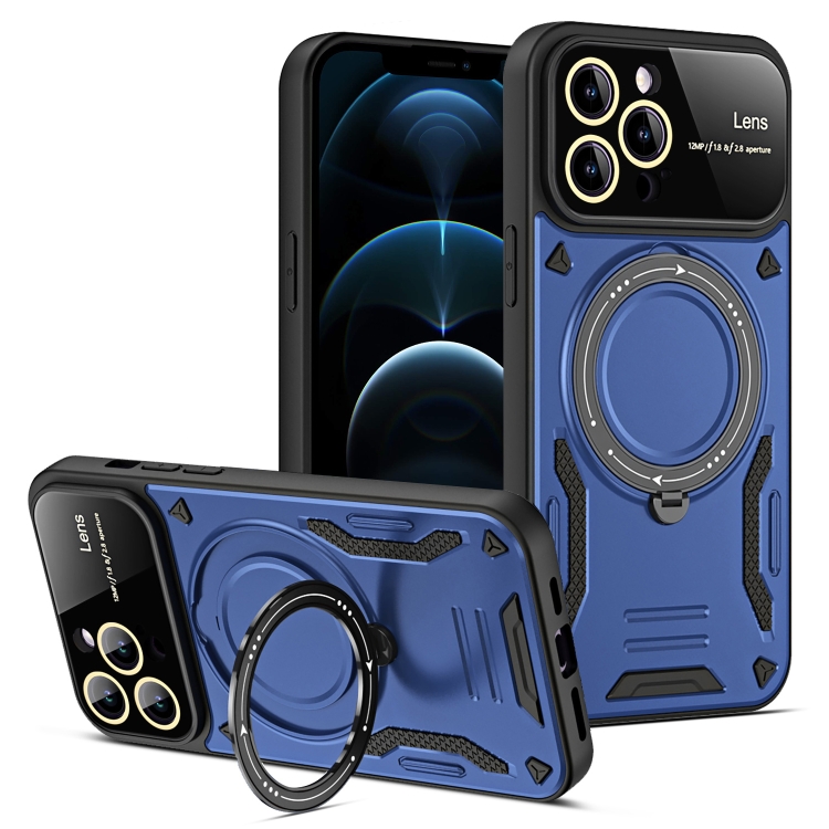 

For iPhone 12 Pro Large Window MagSafe Holder Phone Case(Blue)