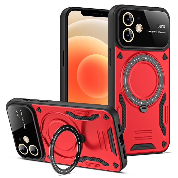 

For iPhone 12 Large Window MagSafe Holder Phone Case(Red)