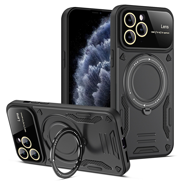 

For iPhone 11 Pro Max Large Window MagSafe Holder Phone Case(Black)