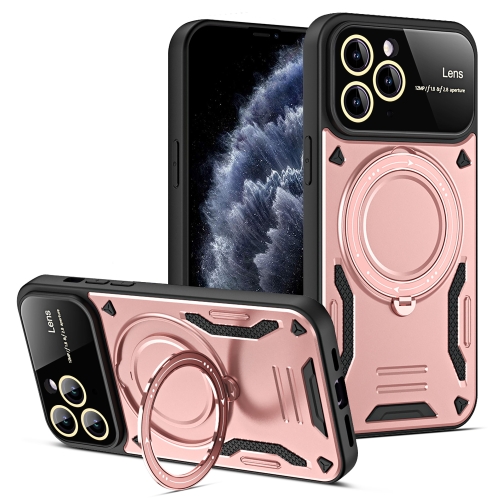 

For iPhone 11 Pro Max Large Window MagSafe Holder Phone Case(Rose Gold)