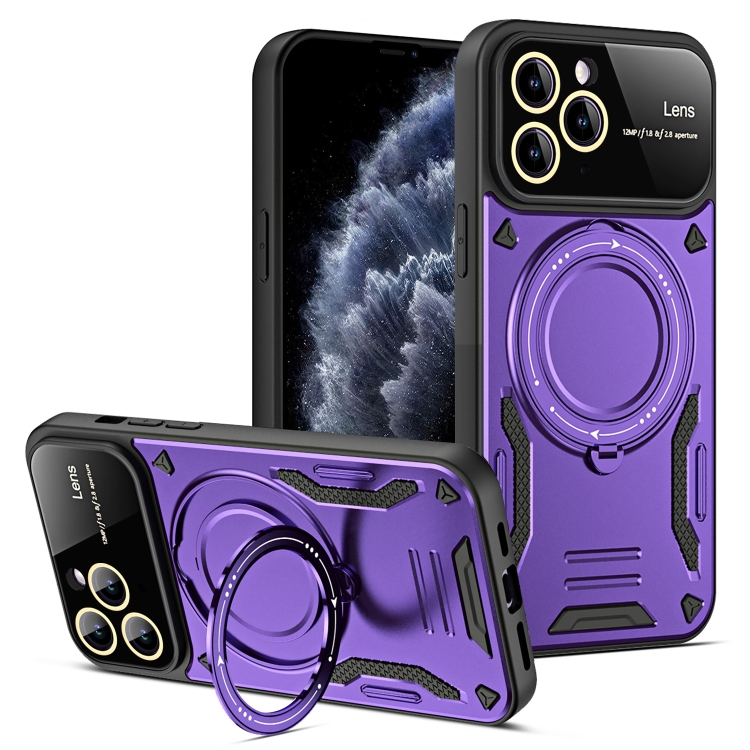 

For iPhone 11 Pro Max Large Window MagSafe Holder Phone Case(Purple)