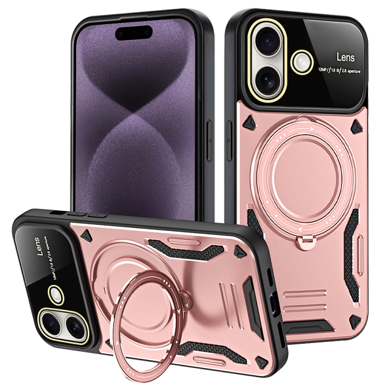 

For iPhone 16 Plus Large Window MagSafe Holder Phone Case(Rose Gold)