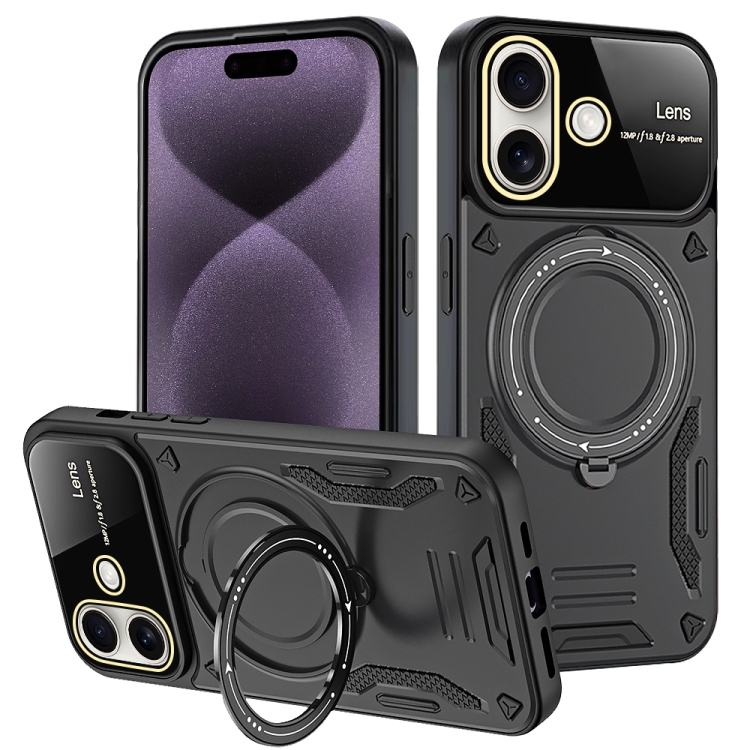 

For iPhone 16 Large Window MagSafe Holder Phone Case(Black)