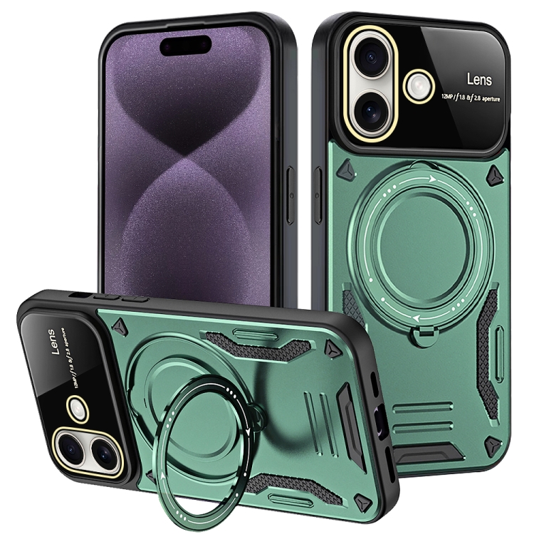 

For iPhone 16 Large Window MagSafe Holder Phone Case(Green)