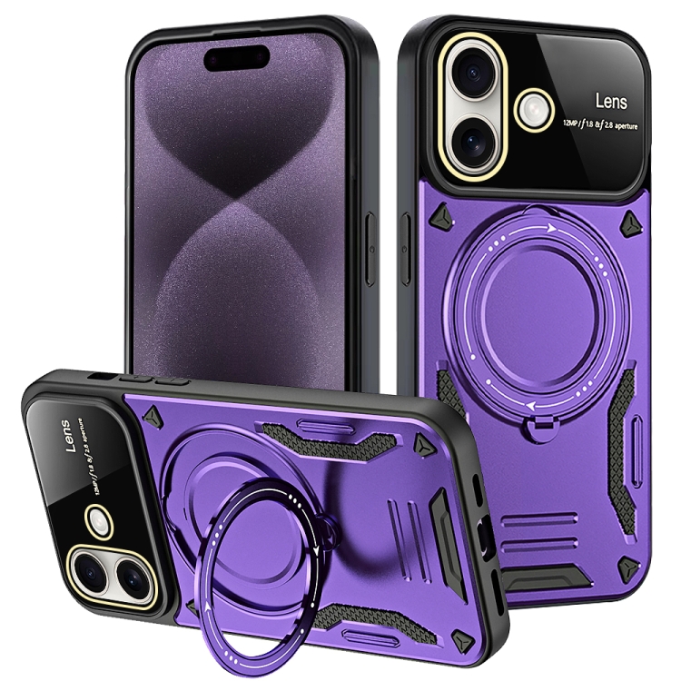 

For iPhone 16 Large Window MagSafe Holder Phone Case(Purple)