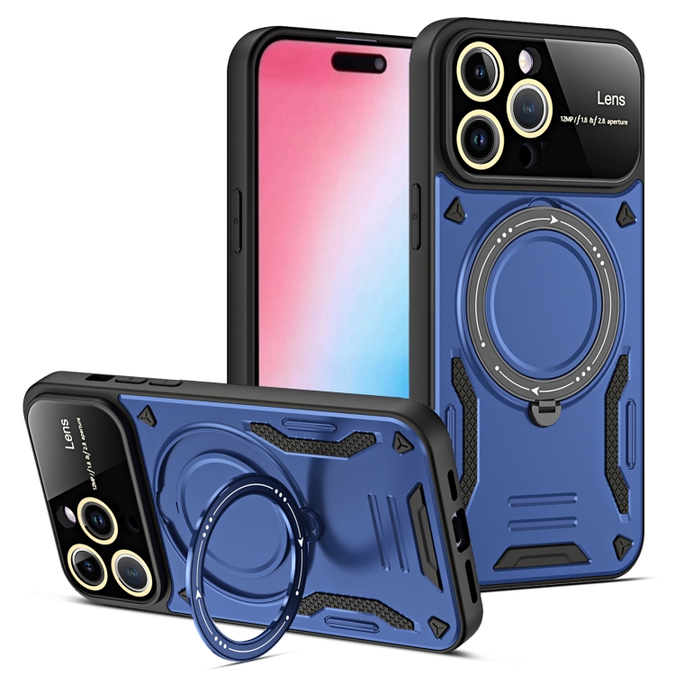 

For iPhone 15 Pro Max Large Window MagSafe Holder Phone Case(Blue)