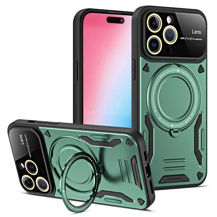 

For iPhone 15 Pro Max Large Window MagSafe Holder Phone Case(Green)