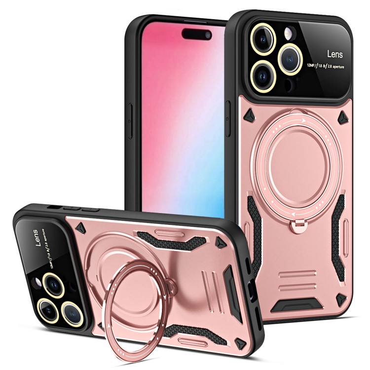 

For iPhone 15 Pro Max Large Window MagSafe Holder Phone Case(Rose Gold)