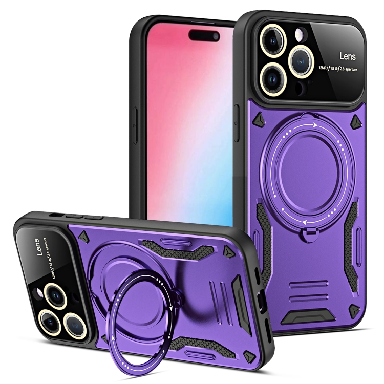 

For iPhone 15 Pro Large Window MagSafe Holder Phone Case(Purple)