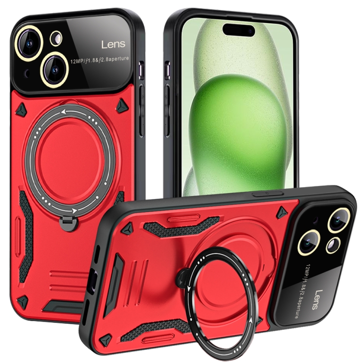

For iPhone 15 Plus Large Window MagSafe Holder Phone Case(Red)