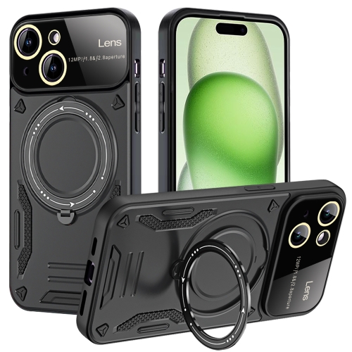 

For iPhone 15 Large Window MagSafe Holder Phone Case(Black)