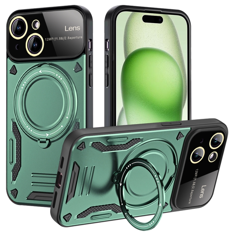 

For iPhone 15 Large Window MagSafe Holder Phone Case(Green)