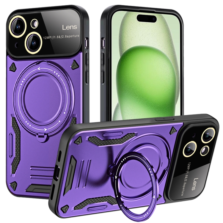 

For iPhone 15 Large Window MagSafe Holder Phone Case(Purple)