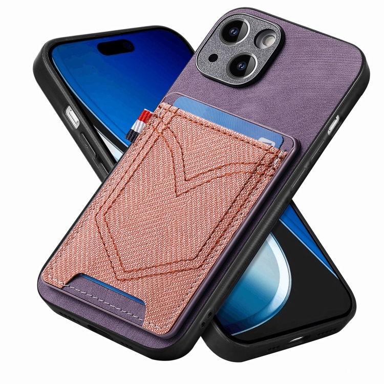 

For iPhone 15 Denim Texture Leather Skin Phone Case with Card Slot(Purple)