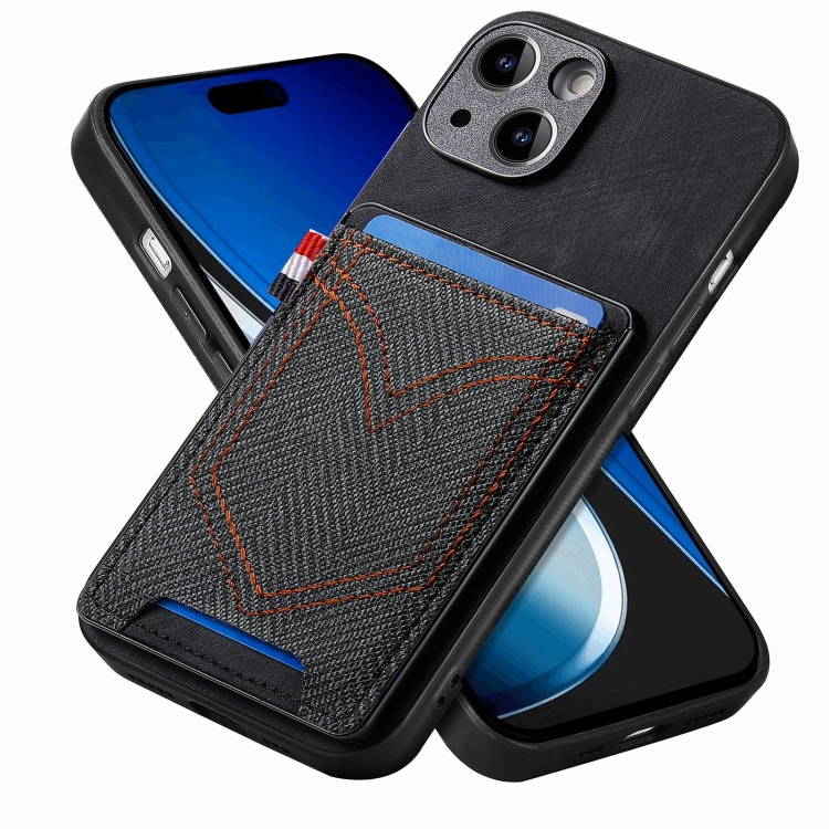 

For iPhone 15 Plus Denim Texture Leather Skin Phone Case with Card Slot(Black)