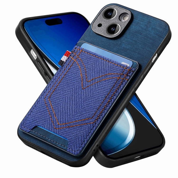

For iPhone 15 Plus Denim Texture Leather Skin Phone Case with Card Slot(Blue)