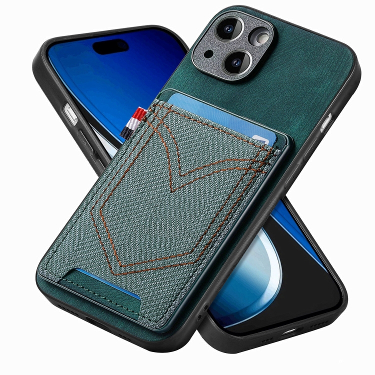 

For iPhone 15 Plus Denim Texture Leather Skin Phone Case with Card Slot(Green)