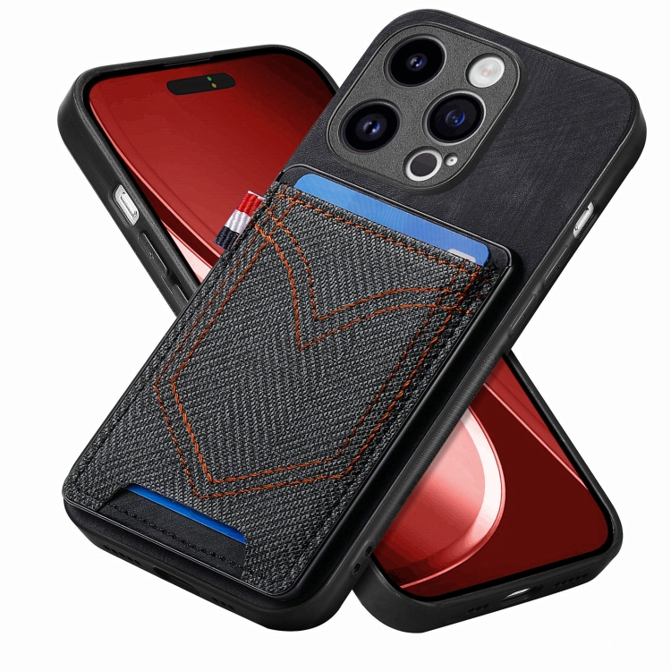 

For iPhone 15 Pro Denim Texture Leather Skin Phone Case with Card Slot(Black)